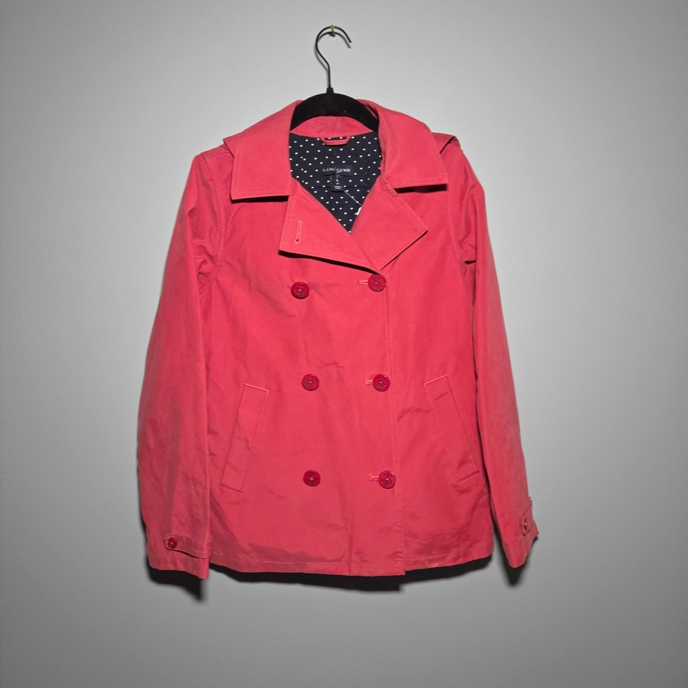 Lands End Trench Coat Womens L Pink Rain Jacket Hooded Nautical Coastal Chic